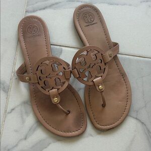 Tory Burch Tan Leather Logo Thong Sandals